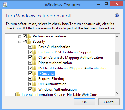 IP 보안이 선택된 Windows 기능 창을 보여 주는 스크린샷