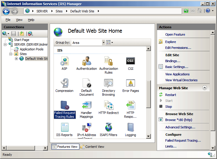 기본 웹 사이트 홈 페이지를 표시하는 I S 관리자의 스크린샷 실패한 요청 추적 규칙 아이콘이 강조 표시되어 있습니다. 