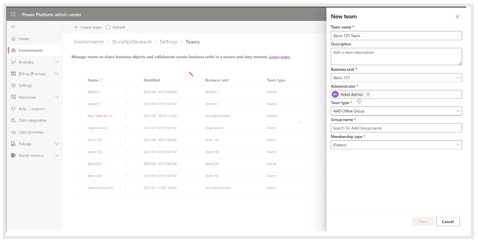 The image shows how to configure teams in Store operations.