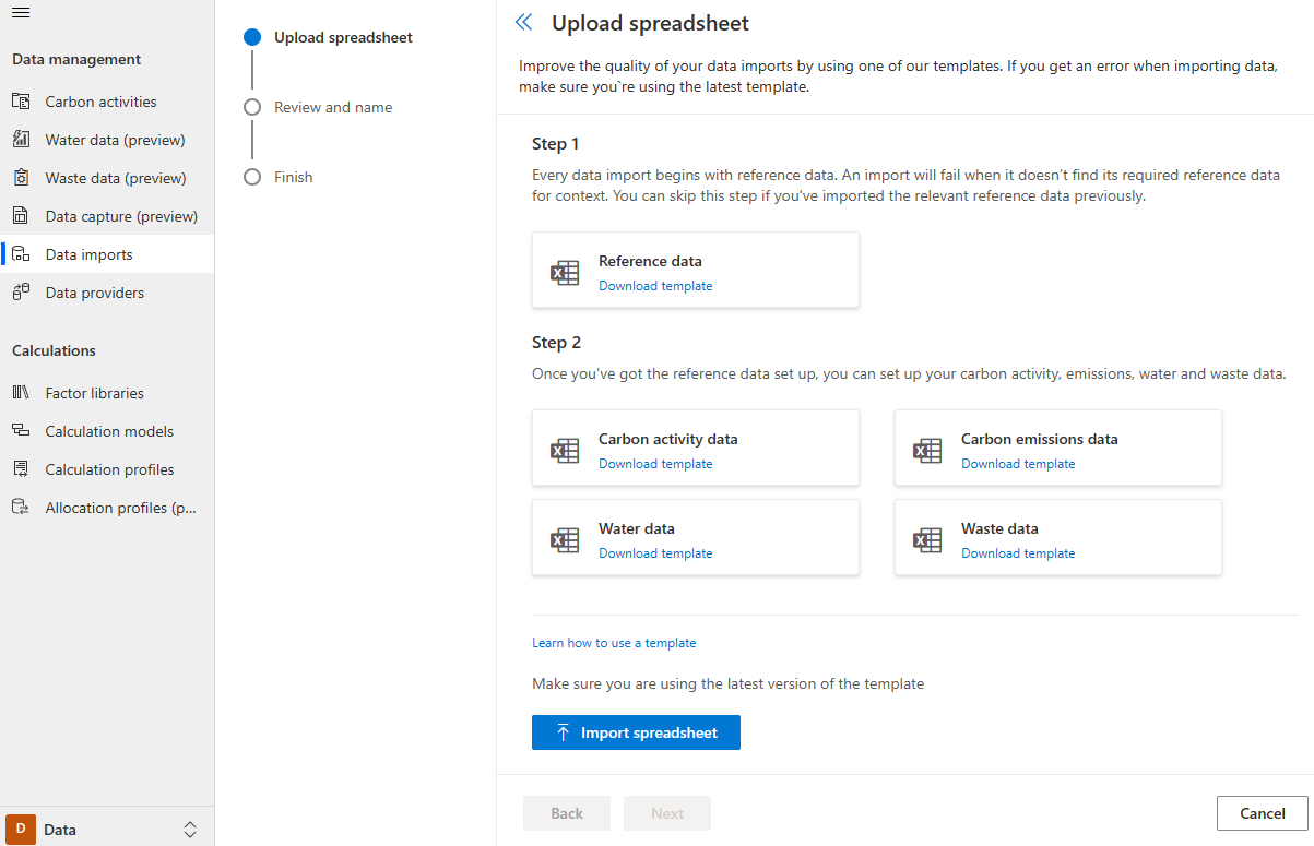 Screenshot of the Upload spreadsheet page.