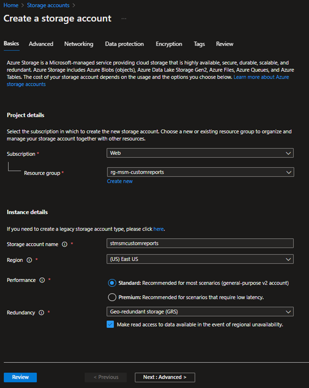Screenshot of Create a storage account page.