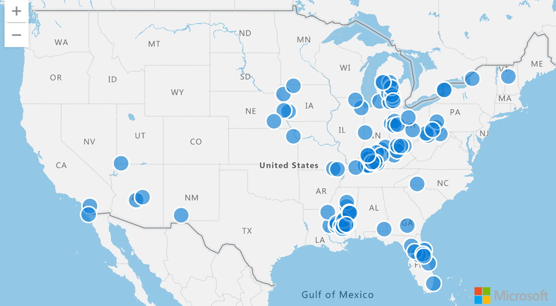 Screenshot of sample storm events on a map.