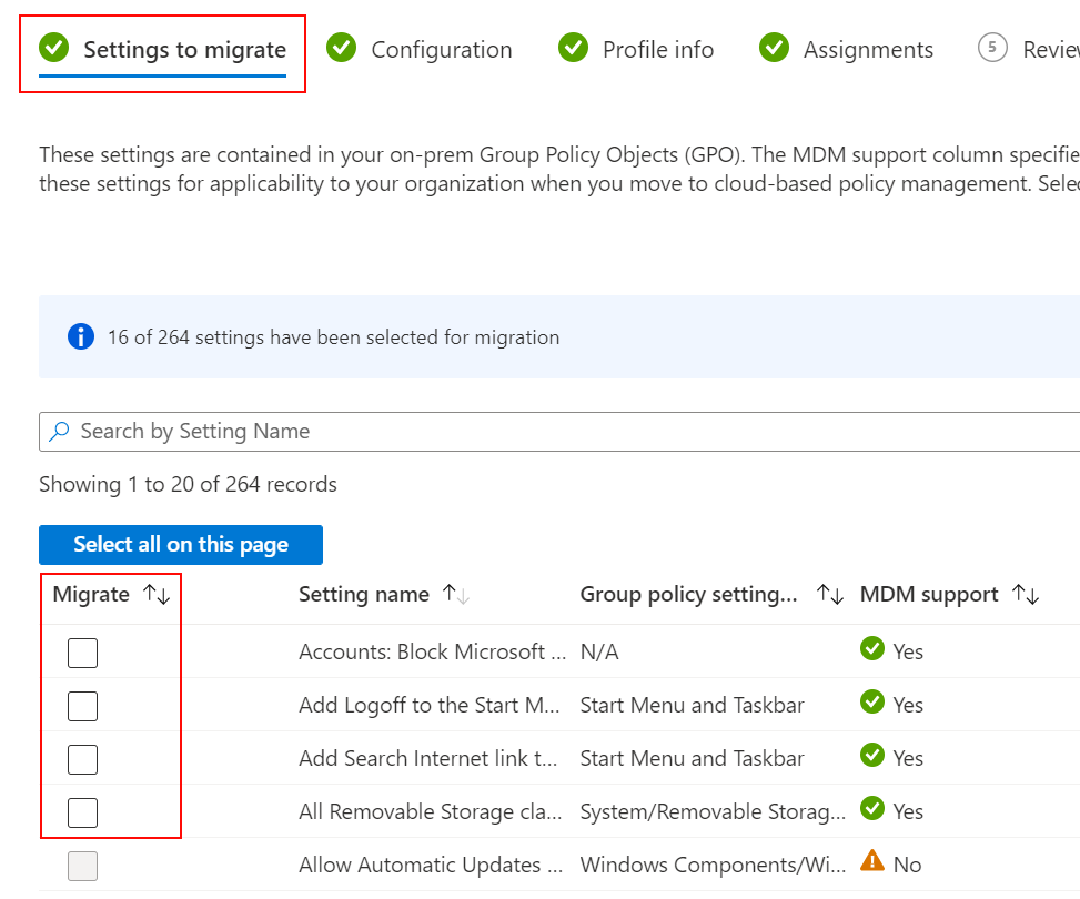 마이그레이션할 설정과 Microsoft Intune에서 마이그레이션 확인란을 선택하는 방법을 보여 주는 스크린샷