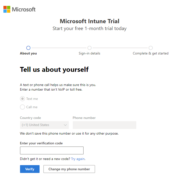 Microsoft Intune 계정 설정 페이지의 스크린샷 - 코드 확인