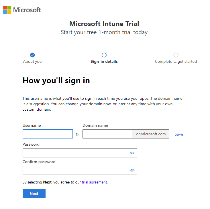 Microsoft Intune 계정 설정 페이지 스크린샷 - 로그인