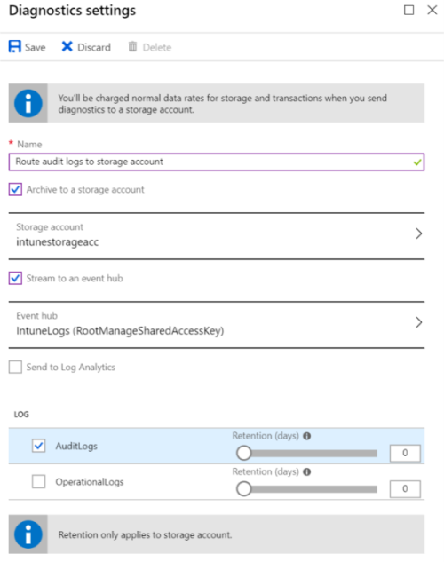 Microsoft Intune 감사 로그를 Azure Storage 계정으로 보내는 방법을 보여 주는 스크린샷