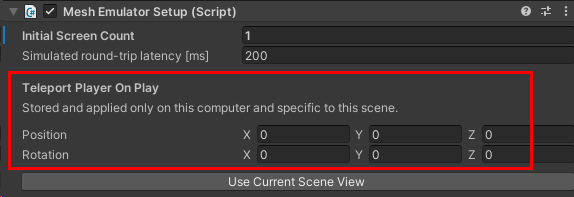 Teleport Player on Play 섹션이 강조 표시된 메시 에뮬레이터 설정 구성 요소의 스크린샷.
