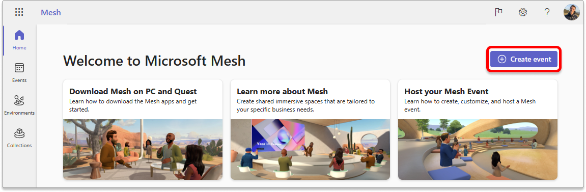 웹의 Mesh, 이벤트 만들기 단추가 강조 표시된 스크린샷