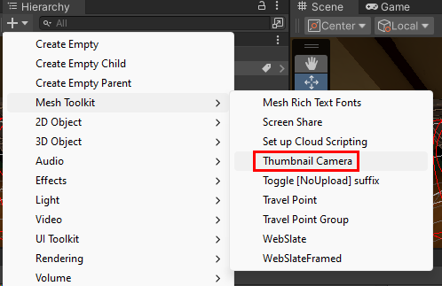 썸네일 카메라를 추가하는 옵션을 보여 주는 Unity 계층 메뉴 팝업의 스크린샷