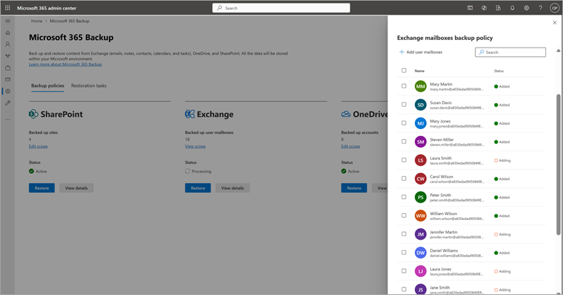 Microsoft 365 관리 센터의 기존 Exchange 백업 정책에 사서함을 추가하는 방법을 보여 주는 스크린샷