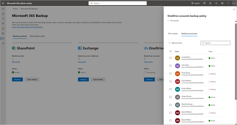 Microsoft 365 관리 센터의 기존 OneDrive 백업 정책에 사용자 계정을 추가하는 방법을 보여 주는 스크린샷