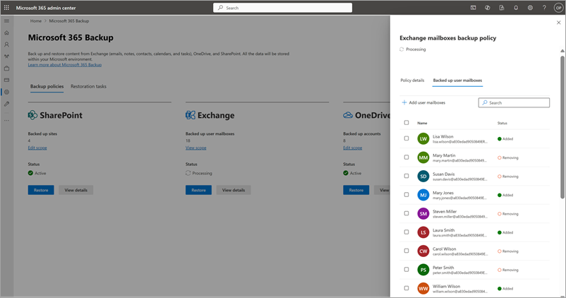 Microsoft 365 관리 센터의 업데이트된 Exchange 사서함 백업 정책 패널 스크린샷