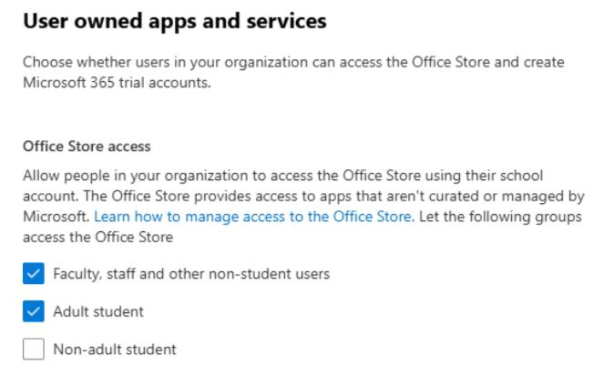 사용자가 EDU에 대한 Office 스토어 설정에 액세스하도록 허용