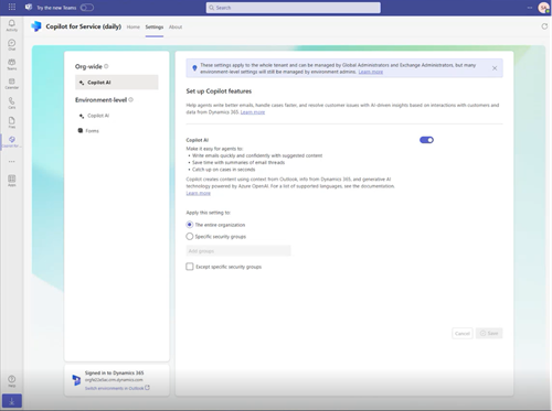 Teams의 서비스용 Copilot 관리 설정을 보여주는 스크린샷.