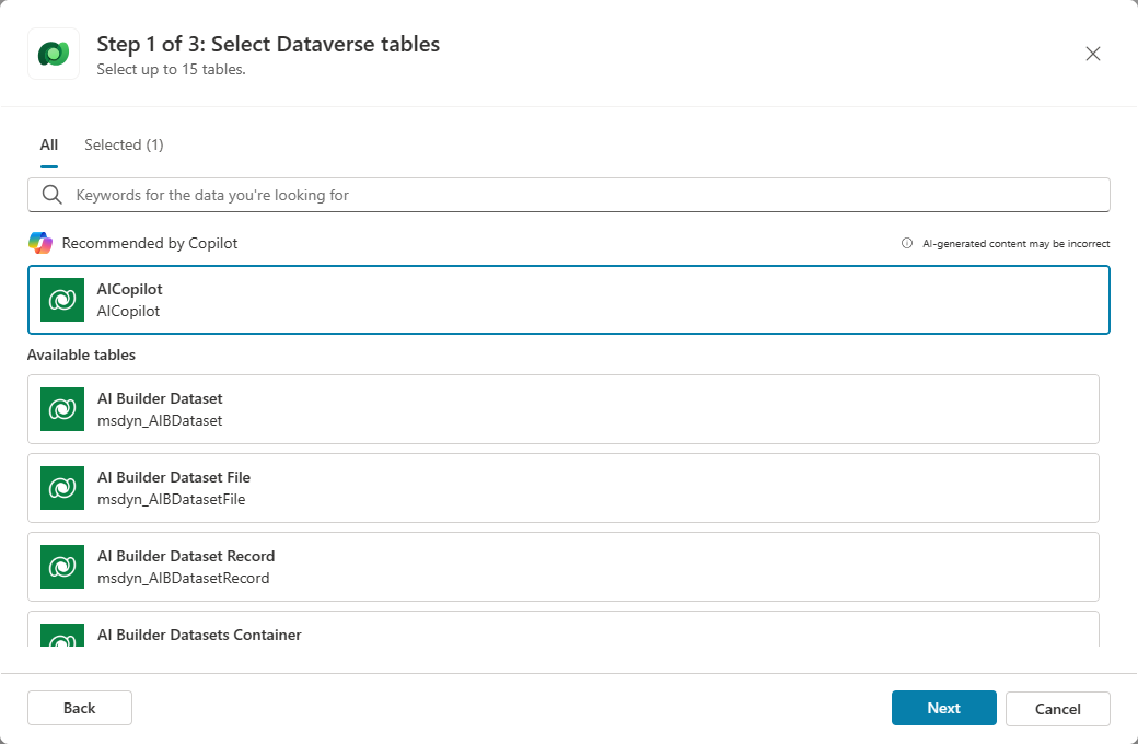 1/3단계: Dataverse 테이블 선택 창을 표시하는 Dataverse 추가 대화 상자의 스크린샷.