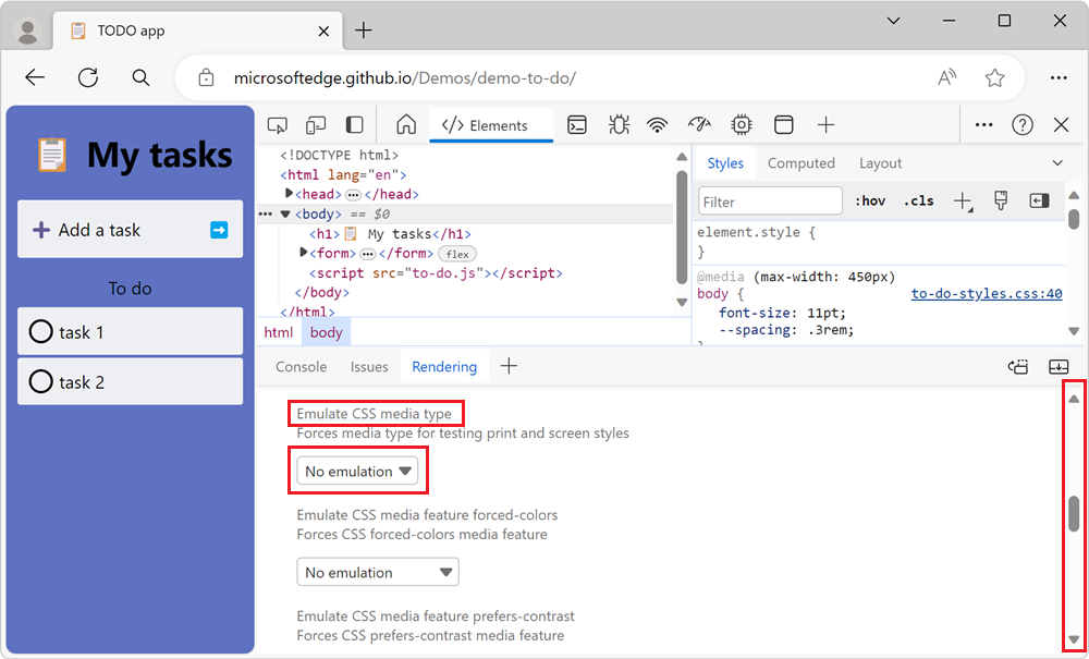 The Emulate CSS media type section in the Rendering tool