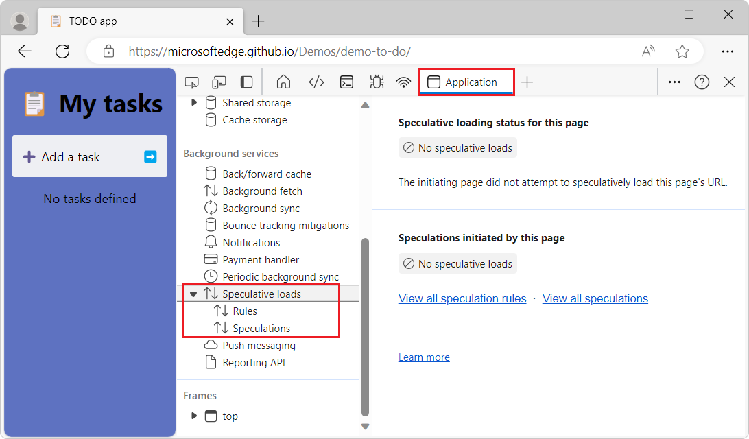 The Speculative Loads page within the Application tool