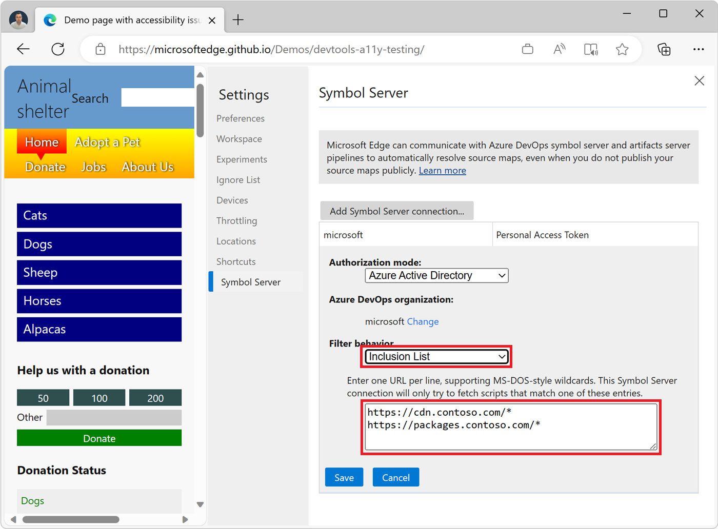 The inclusion list setting in a symbol server connection edit screen