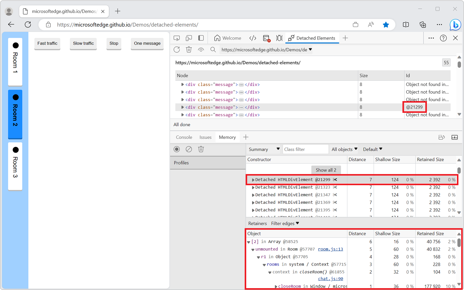 Referencing a heap snapshot from the Detached Elements tool