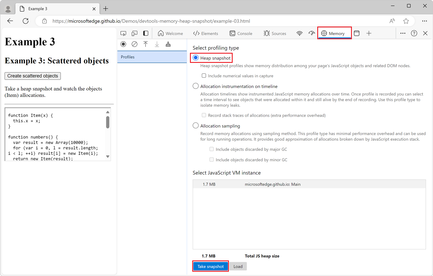 The Memory tool, the Heap snapshot option is selected, and the Take snapshot button is highlighted