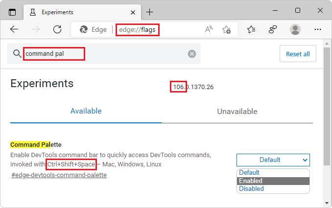 The keyboard shortcut for Command Palette in the flags page for version 106