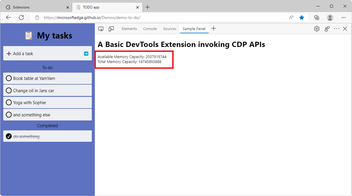 The new  extension panel in DevTools, showing memory information