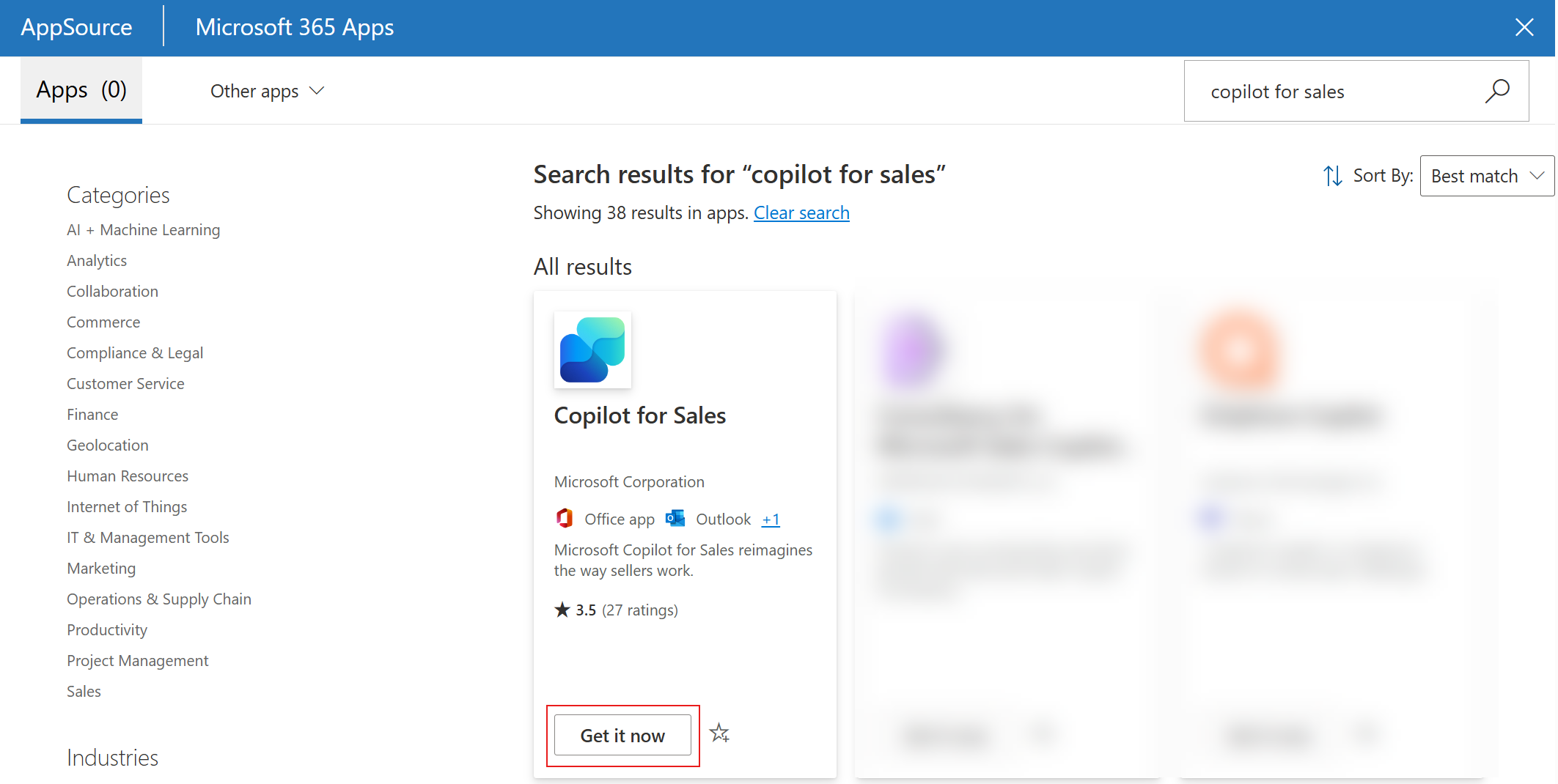 Microsoft 365 관리 센터의 Copilot for Sales 향상된 앱을 보여주는 스크린샷.