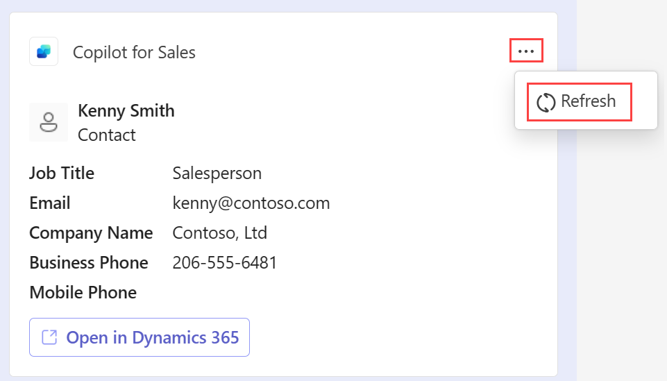 Copilot for Sales 연락처 카드를 새로 고치는 방법을 보여주는 스크린샷.