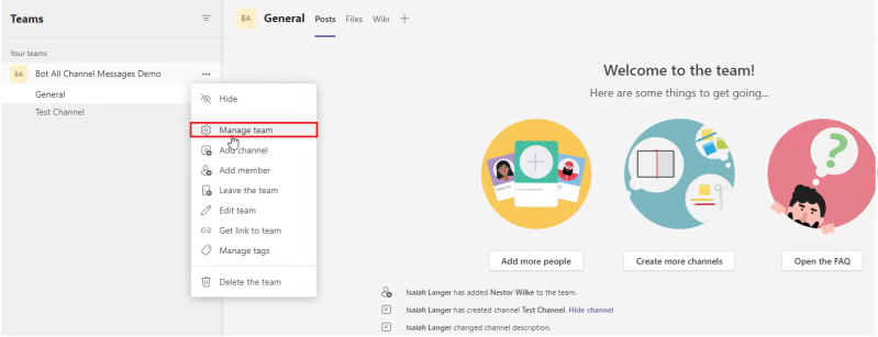 Screenshot shows the managing team option in Teams application.