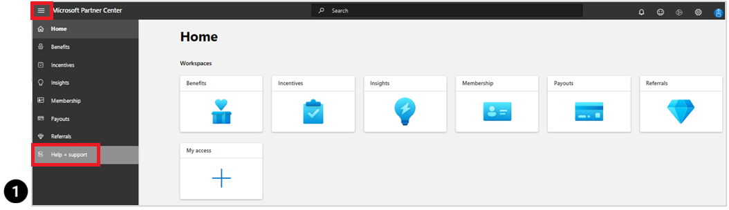 도움말 + 지원이 선택된 파트너 센터 홈 화면의 스크린샷.