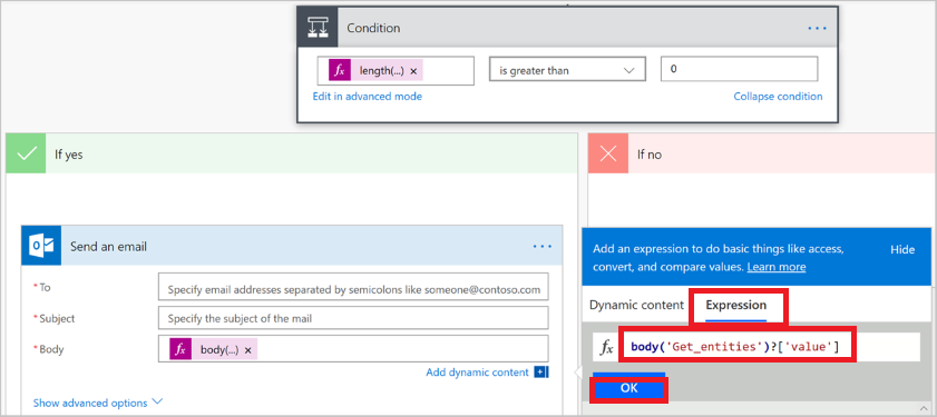 조건 창, 예인 경우 Office 365 Outlook 창