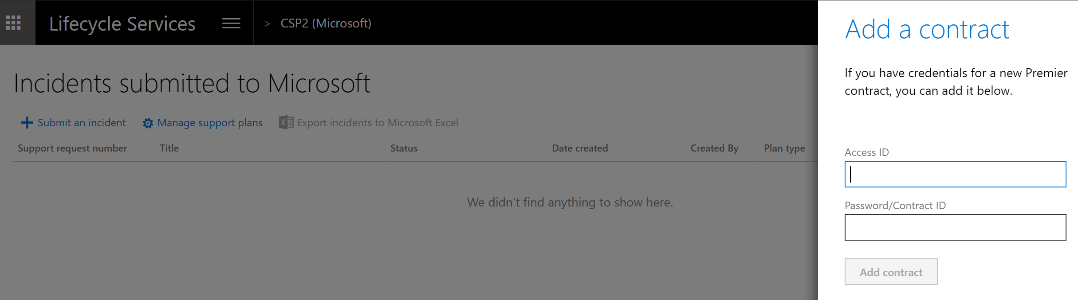 Microsoft 페이지에 제출된 인시던트에서 계약 플라이아웃 추가 스크린샷