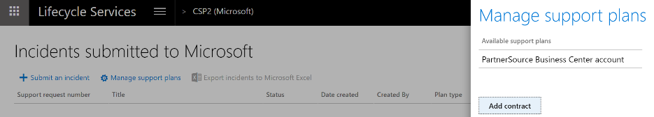Microsoft 페이지에 제출된 인시던트의 '지원 계획 관리' 플라이아웃 스크린샷