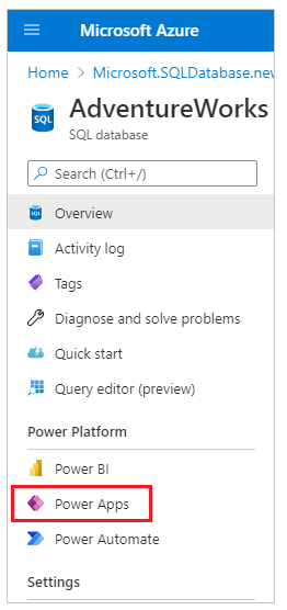 SQL Database 옵션 내의 Power Apps 옵션.