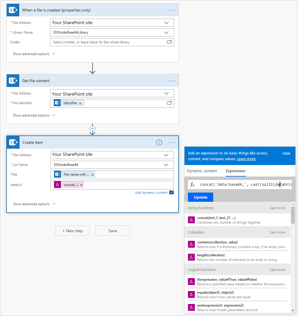 SharePoint 문서 라이브러리의 3D 모델 파일을 Base64로 변환하는 단계를 보여주는 Power Automate 워크플로의 스크린샷입니다.