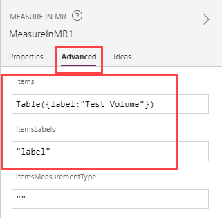 Items 및 ItemsLabels 속성과 함께 표시된 Microsoft Power Apps Studio에서 준비 중인 Measure in 3D 컨트롤의 스크린샷입니다.