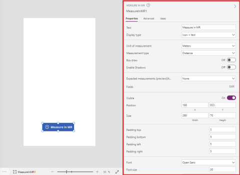 속성과 함께 표시된 Microsoft Power Apps Studio에서 준비 중인 Measuring Camera 버튼의 스크린샷입니다.