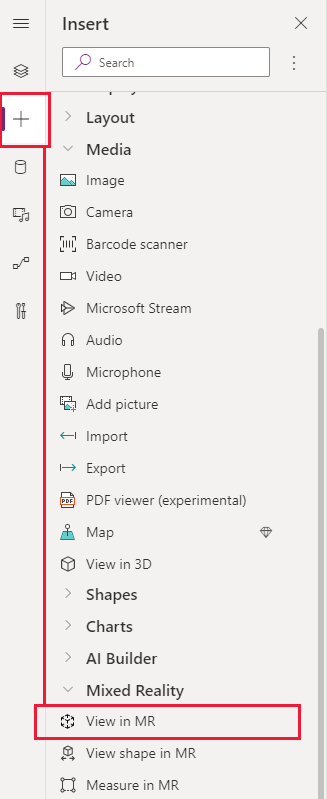 MR에서 보기 컨트롤을 찾을 수 있는 위치를 표시하는 Power Apps Studio의 삽입 탭 스크린샷입니다.