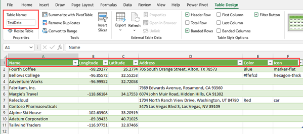 이름이 TestData이고 이름, 경도 및 위도 열이 포함 된 샘플 Excel 파일