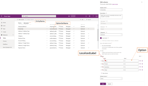 OptionsetMetadata 및 GlobalOptionsetMetadata 테이블 스키마입니다.