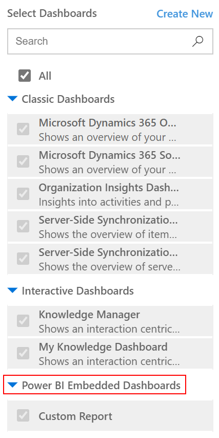 앱 디자이너 대시보드 Power BI Embedded 범주.