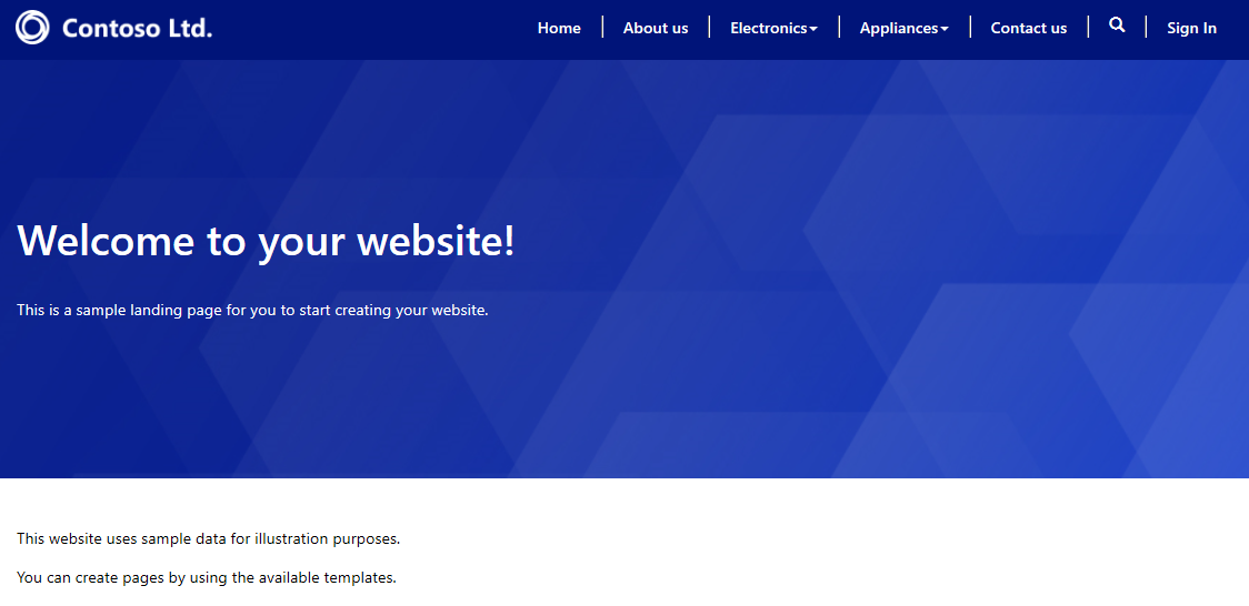 Conteso Ltd의 웹 사이트 미리 보기 스크린샷. 하단에 다음과 같은 메시지가 표시됩니다. 이 웹 사이트는 설명 목적으로 샘플 데이터를 사용합니다. 사용 가능한 템플릿을 사용하여 페이지를 만들 수 있습니다.