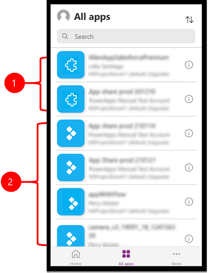 모델 기반 및 캔버스 앱이 있는 Power Apps Mobile 사용자 인터페이스.