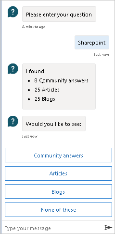 커뮤니티 답변, 기사 및 블로그와 같은 범주별로 그룹화된 발견된 항목 수를 표시하는 봇 채팅을 보여주는 스크린샷.