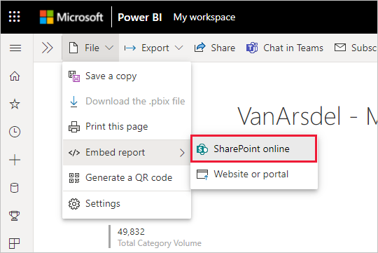 SharePoint Online이 강조 표시된 기타 옵션 메뉴를 보여 주는 스크린샷