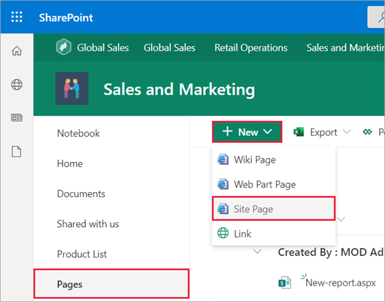 SharePoint 창의 스크린샷 탐색 창에 페이지가 강조 표시되어 있습니다. 사이트 페이지가 선택되어 있습니다.