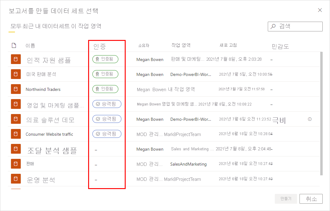 의미 체계 모델 선택 대화 상자에서 보증된 의미 체계 모델의 스크린샷.