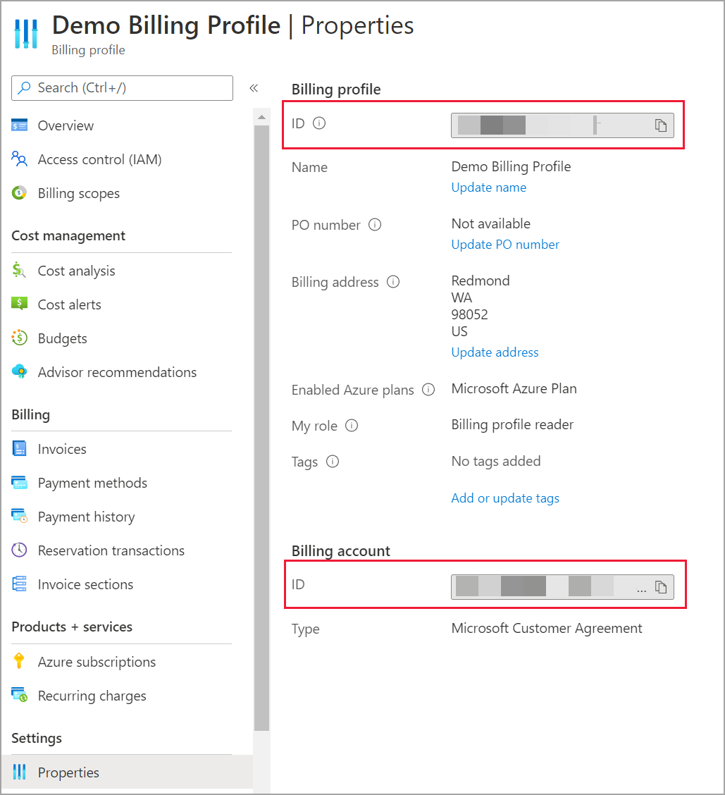 Microsoft Cost Management 청구 계정 정보의 스크린샷