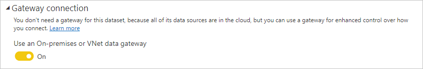 Power BI 서비스 게이트웨이 연결 대화 상자의 스크린샷