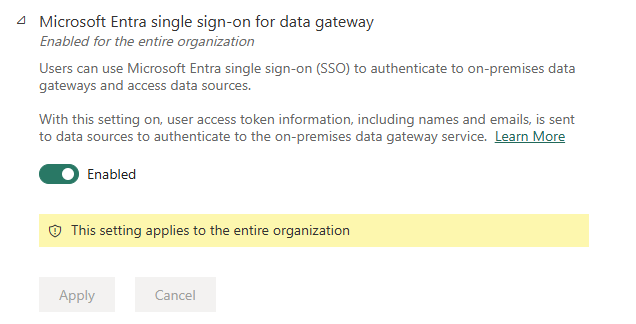 Power BI 관리 포털의 게이트웨이용 Microsoft Entra SSO 기능 스크린샷